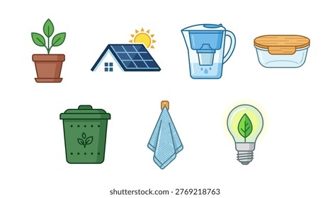 The eco friendly icon pack includes a plant in a pot, a solar panel with a house and sun, a water filter pitcher, a glass container with a wooden lid, a green trash can with a leaf, a blue towel, and a light bulb with a leaf inside.