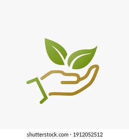 eco friendly icon. plant leaves in hand. ecology and save environment symbol. vector image in flat style