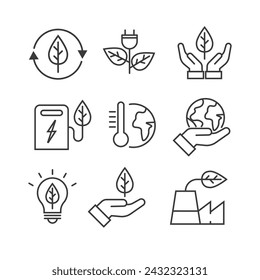 Conjunto de iconos ecológicos. Iconos negros con objetos relacionados con el medio ambiente. Coche eléctrico, agricultura orgánica, calentamiento global. Sostenibilidad ambiental. Ilustración de ecología vectorial en estilo lineal.