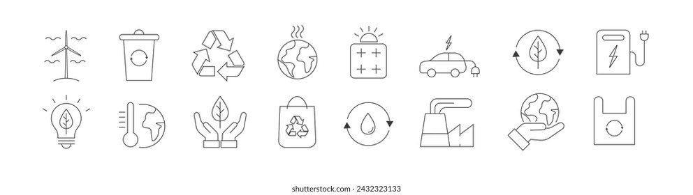 Conjunto de iconos ecológicos. Iconos negros con objetos relacionados con el medio ambiente. Coche eléctrico, agricultura orgánica, calentamiento global. Sostenibilidad ambiental. Ilustración de ecología vectorial en estilo lineal.