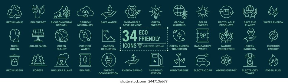 Conjunto de iconos ecológicos. Conteniendo Colección de energía renovable, ecología e íconos de energía verde. y más. Colección de Vector sólido de iconos.