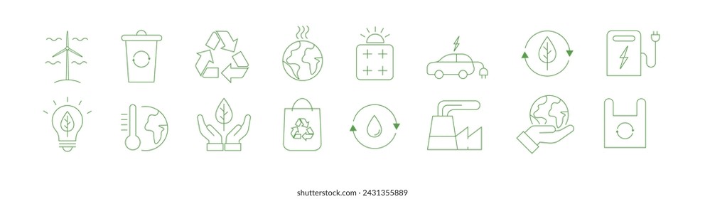 Conjunto de iconos ecológicos. Iconos verdes con objetos relacionados con el medio ambiente. Coche eléctrico, agricultura orgánica, calentamiento global. Sostenibilidad ambiental. Ilustración de ecología vectorial en estilo lineal.