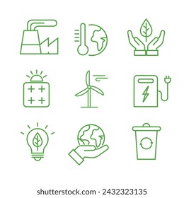 Eco friendly icon set. Green icons with objects related to environmental. Electric car, organic farming, global warming. Environment sustainability. Vector ecology illustration in linear style.