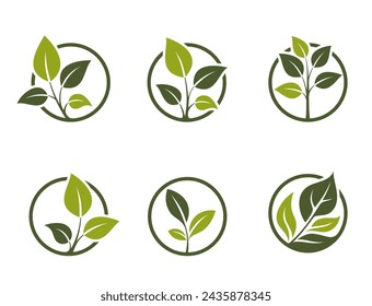 eco friendly icon set. green plant in a circle. organic, natural and botanical symbols. isolated vector images in flat design