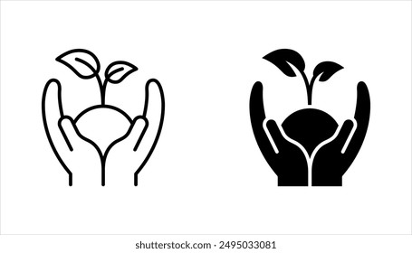 Eco friendly  icon set. hand plant. Linear ecology icons. Environmental sustainability simple symbol. vector illustration on white background.