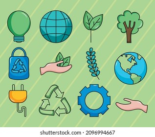 conjunto de iconos ecológicos sobre fondo verde