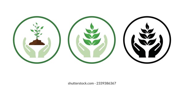 eco friendly icon set. plant leaves in hand. ecology and save environment symbol. vector illustration in flat style