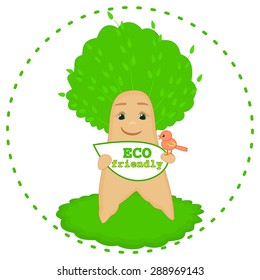 Eco friendly icon vector Paper recycling Tree and nature protection concept for kids Smiling baby tree cartoon character with a little bird Ecology concept symbol Environmental theme vector graphic