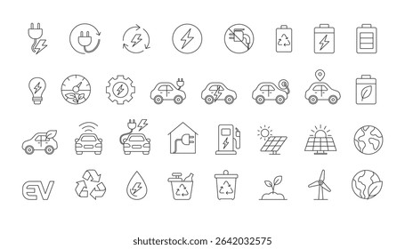 Eco friendly icons of electric energy, solar panels, EVs, wind turbines, and green living. Perfect for clean energy, sustainability, and environmental projects.