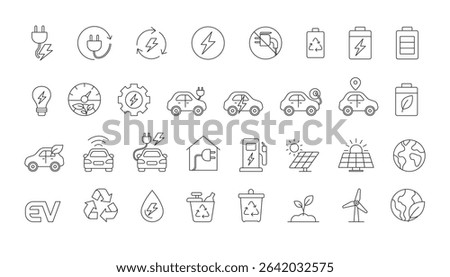Eco friendly icons of electric energy, solar panels, EVs, wind turbines, and green living. Perfect for clean energy, sustainability, and environmental projects.