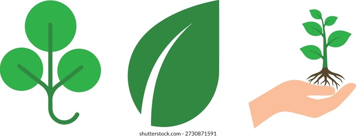 Umweltfreundliche Icons mit grünen Blättern und Pflanzensämlingen für Umweltschutz, Naturwachstum und nachhaltige Biologie.