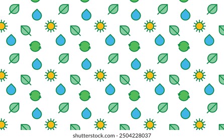 Eco Friendly Icons seamless pattern - Green Earth Icons - Eco Conscious Vector icon background. Sustainable Living Icons. Sun, water, recycle, leaf icons