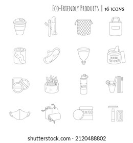 Eco friendly icons set. Eco-mindfulness. Eco-friendly product. Vector editable icons. Isolated objects.