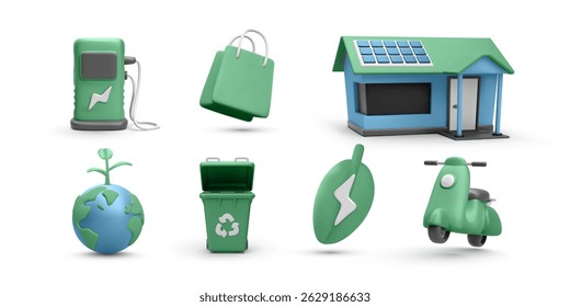 Eco Friendly Icons Set With Electric Vehicle, Solar Energy House, Recycling Bin, Green Earth, and Clean Energy Symbols. Modern 3D Style. Vector Illustration.