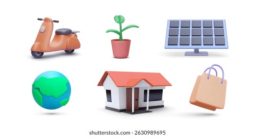 Eco Friendly Icons Set Featuring Electric Scooter, Solar Panel, House, Earth, Plant, and Shopping Bag in 3D Cartoon Style. Clean Energy and Sustainability Concept. Vector Illustration.