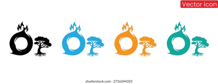 Iconos respetuosos del medio ambiente con el árbol y la llama en cuatro colores