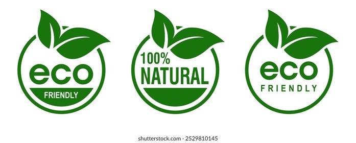 Vector de iconos ecológicos, sellos de alimentos ecológicos. Etiquetas de alimentos naturales orgánicos, conjunto de iconos de ecología verde, signo ecológico, sostenibilidad, energía renovable y conservación aislada. 100% natural.