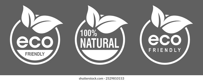 Vector de iconos ecológicos, sellos de alimentos ecológicos. Etiquetas de alimentos naturales orgánicos, conjunto de iconos de ecología verde, signo ecológico, sostenibilidad, energía renovable y conservación aislada. 100% natural.