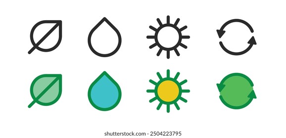 Umweltfreundliche Symbole - Vektorgrafiken für ein grüneres Morgen. Green Earth Icons - Das Gliederungssymbol des umweltbewussten Vektors. Ikonen für nachhaltiges Leben. Sonne, Wasser, Recycling, Blattsymbole