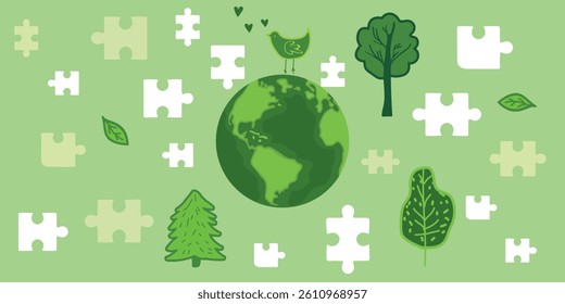 Eco friendly illustration with planet Earth, puzzle pieces, and trees. Conceptual green background for environmental awareness, sustainability, and climate action design.