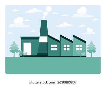 Eco Friendly Industrial Building concept. Environmentally conscious factory surrounded by greenery and clean skies.