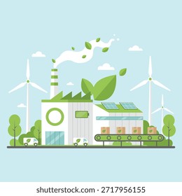 Eco friendly industrial factory using clean energy, wind power, solar panels and green production concept for sustainability and low carbon future