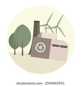 Eco friendly industry, showcasing recycling, wind power, and a natural environment, portraying sustainability and eco conscious energy production. Flat vector modern illustration 
