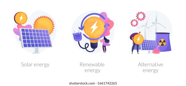 Eco friendly innovations, sustainable technology, solar panels and wind turbines use. Solar energy, renewable energy, alternative energy metaphors. Vector isolated concept metaphor illustrations