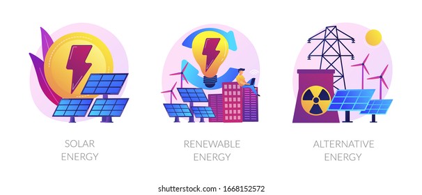 Eco friendly innovations, sustainable technology, solar panels and wind turbines use. Solar energy, renewable energy, alternative energy metaphors. Vector isolated concept metaphor illustrations