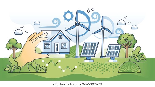 Eco friendly investments for sustainable house outline hands concept. Environmental electricity and power from ecological sources vector illustration. Investing in renewable energy business.