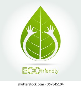 Eco friendly. isolate hand hug leaf concept on white background. Vector illustration. 