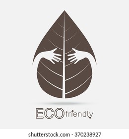 Eco friendly. isolate hand hug leaf concept on white background. Vector illustration. 