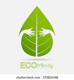 Eco friendly. isolate hand hug leaf concept on white background. Vector illustration. 