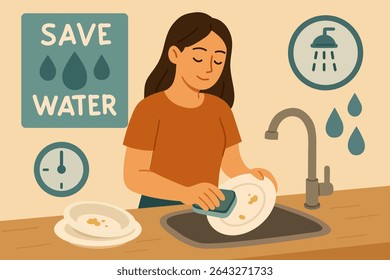 Eco Friendly Kitchen Habit Save Water While Doing Dishes. Girl washing dishes without water.