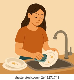 Eco Friendly Kitchen Habit Save Water While Doing Dishes. Girl washing dishes without water.