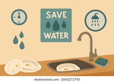 Eco Friendly Kitchen Habit Save Water While Doing Dishes. 