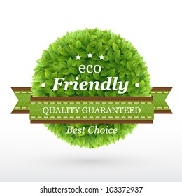 Eco Friendly label. Green leaves. Vector illustration.