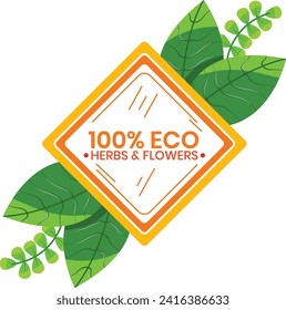 Eco friendly label with green leaves, orange diamond shape sign. Nature and environment conservation vector illustration.