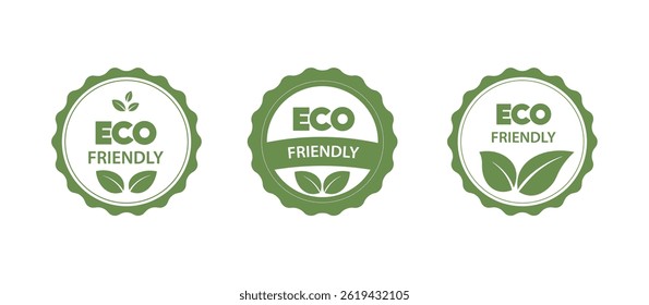 Eco friendly label with green leaves symbol or labels set isolated on white background. Vector flat illustration
