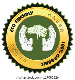 Eco friendly Label with hand and plant in golden and green color