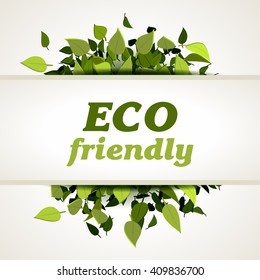 Etiqueta ecológica en segundo plano con hojas, ilustración vectorial