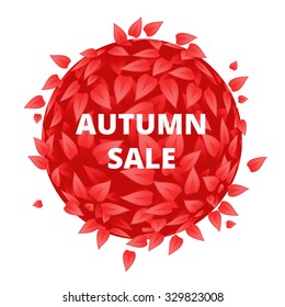 Eco Friendly label. Red leaves vector illustration. Red leaves with sale font. Sale banner with leaves. Sale, grass, Eco friendly label. Tourism, cosmetics, discount background