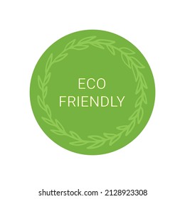 Eco friendly label. Round badge with floral frame. Vector icon isolated on white background