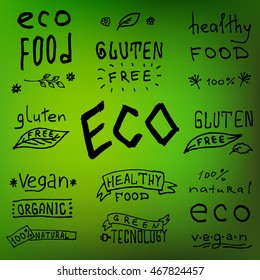 Eco friendly labels. Set of labels. Isolated labels on background. Hand drawing. Inscriptions on Healthy Food, Gluten Free, Eco, Vegan, Green Technology, Organic etc.