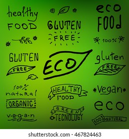 Eco friendly labels. Set of labels. Isolated labels on background. Hand drawing. Inscriptions on Healthy Food, Gluten Free, Eco, Vegan, Green Technology, Organic etc.