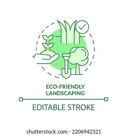 Eco Friendly Landscaping Green Concept Icon. Plants Care. Sustainable Business Idea Abstract Idea Thin Line Illustration. Isolated Outline Drawing. Editable Stroke. Arial, Myriad Pro-Bold Fonts Used