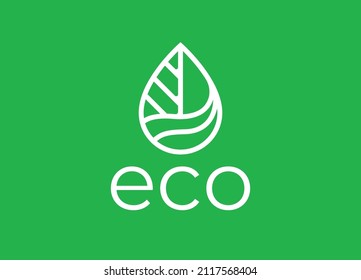 Eco friendly leaf logo. Clean environment plant line icon. Green sustainable energy symbol. Conceptual nature waterdrop leaf sign. Vector illustration.