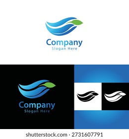 Eco amigável folha e onda logotipo simbolizando a natureza, sustentabilidade e soluções de água limpa para empresas verdes e organizações ambientais.