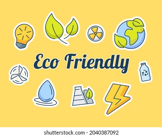 eco friendly lettering around icons package green isolated background with modern flat color cartoon style
