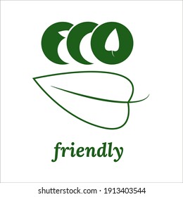 Eco friendly lettering text on background of leaf of plant. Vector illustration for label, logo, label, badge, flyer, sticker.